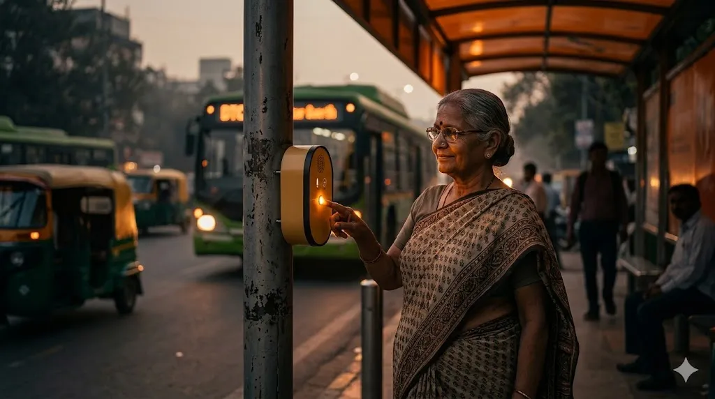 Woman pressing Talking Box at a Delhi bus stop